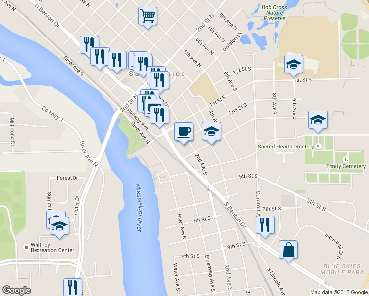 map of restaurants, bars, coffee shops, grocery stores, and more near 110 1st Street South in Sauk Rapids