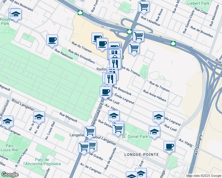 map of restaurants, bars, coffee shops, grocery stores, and more near 7145 Québec 138 in Montréal