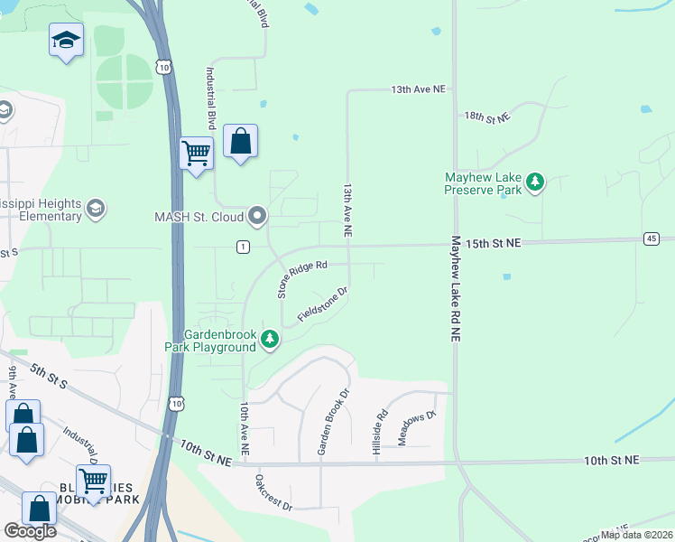 map of restaurants, bars, coffee shops, grocery stores, and more near 1295 Stone Ridge Road in Sauk Rapids