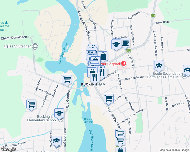 map of restaurants, bars, coffee shops, grocery stores, and more near 470 Avenue de Buckingham in Gatineau