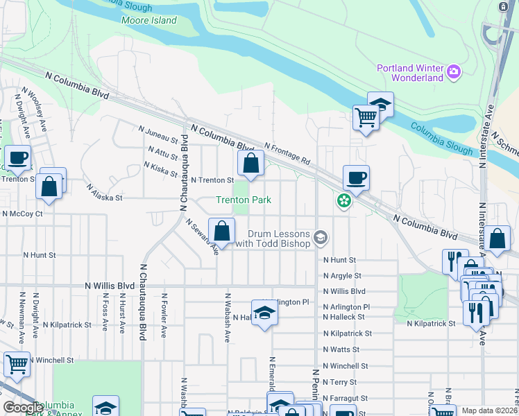 map of restaurants, bars, coffee shops, grocery stores, and more near 9014 North Bayard Avenue in Portland