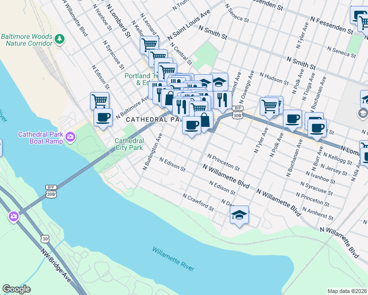map of restaurants, bars, coffee shops, grocery stores, and more near 7117 North John Avenue in Portland