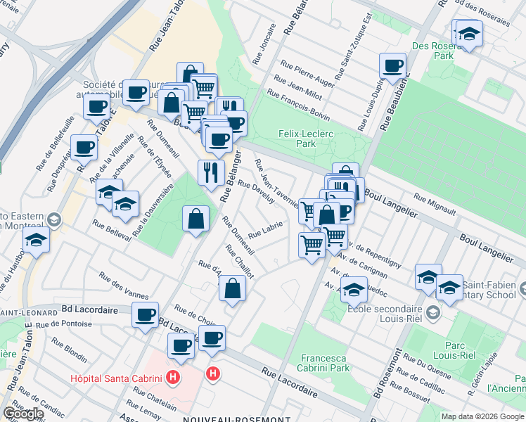 map of restaurants, bars, coffee shops, grocery stores, and more near 6887 Rue Rainier in Montréal