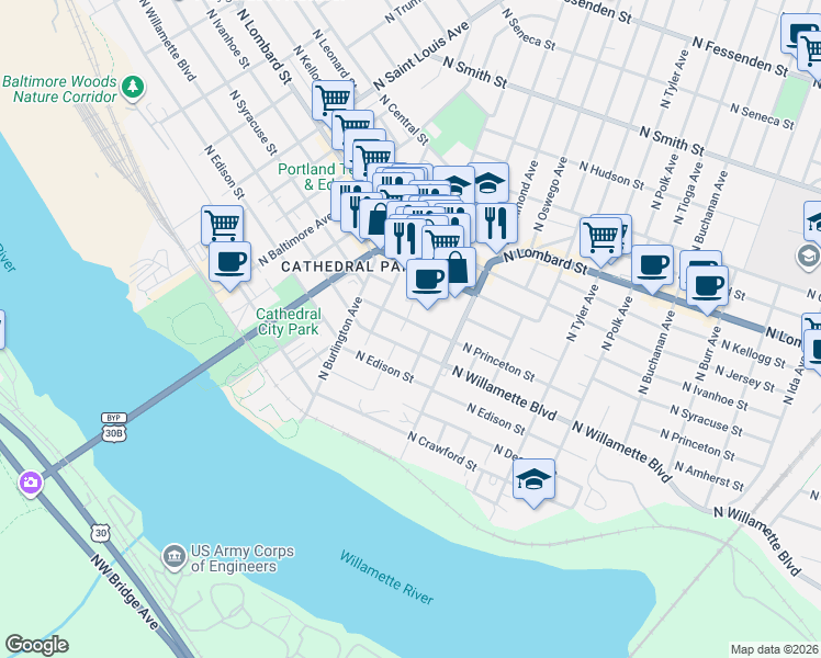 map of restaurants, bars, coffee shops, grocery stores, and more near 7034 North John Avenue in Portland