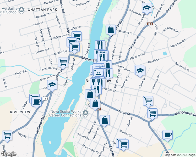map of restaurants, bars, coffee shops, grocery stores, and more near 151 Provost Street in New Glasgow