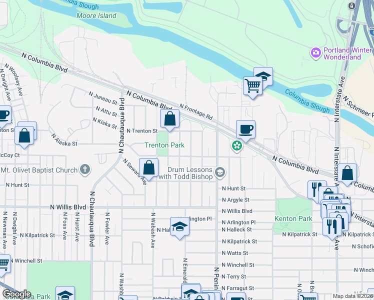 map of restaurants, bars, coffee shops, grocery stores, and more near 9014 North Bayard Avenue in Portland