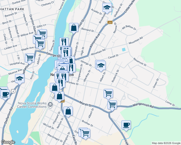 map of restaurants, bars, coffee shops, grocery stores, and more near 92 Mackay Street in New Glasgow