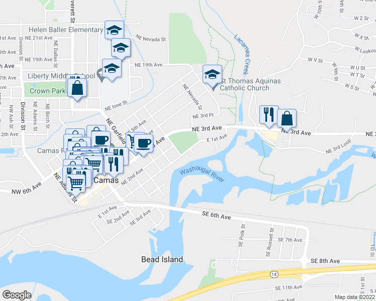 map of restaurants, bars, coffee shops, grocery stores, and more near 1128 East 1st Avenue in Camas