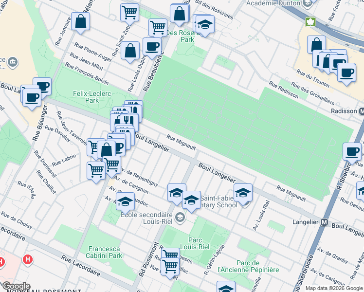 map of restaurants, bars, coffee shops, grocery stores, and more near 6122 Rue Mignault in Montréal