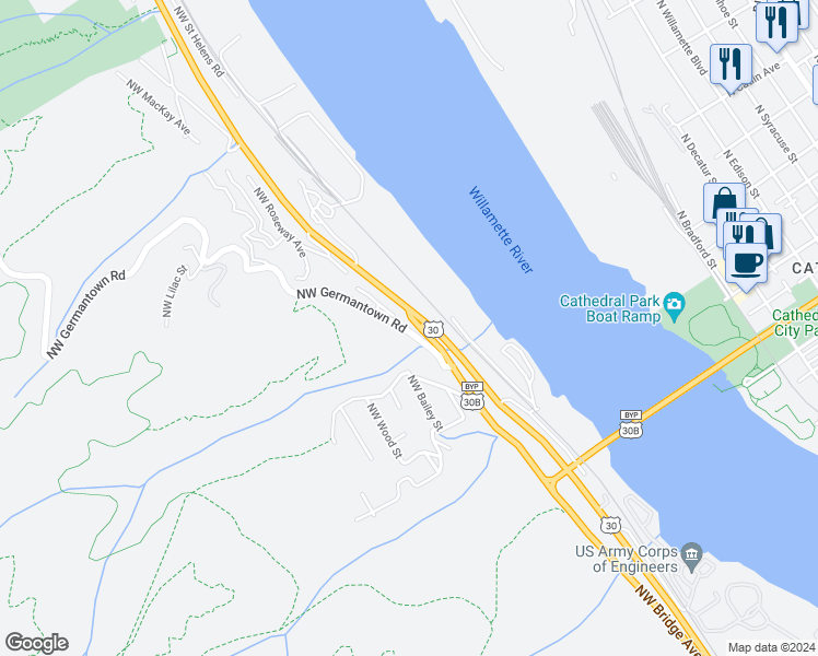 map of restaurants, bars, coffee shops, grocery stores, and more near 9165 Northwest Germantown Road in Portland