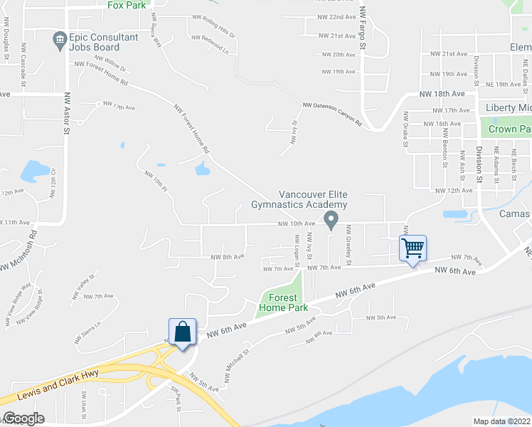 map of restaurants, bars, coffee shops, grocery stores, and more near 1187 Northwest 10th Avenue in Camas