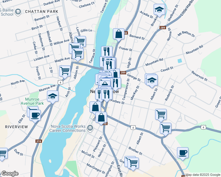 map of restaurants, bars, coffee shops, grocery stores, and more near Archimedes Street in New Glasgow