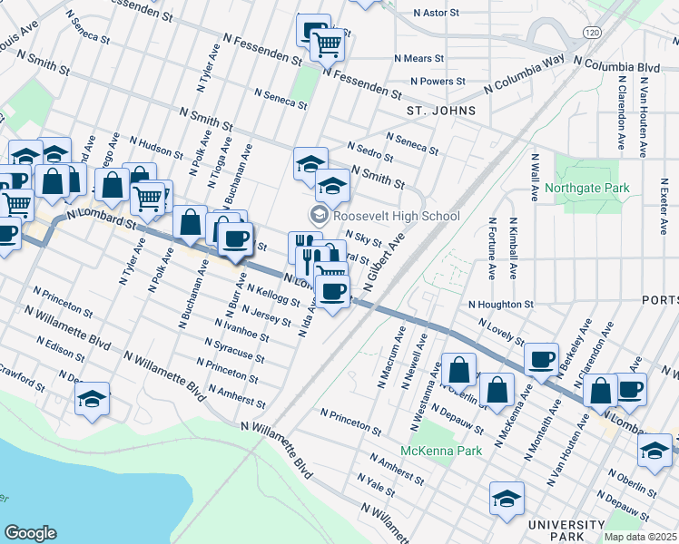 map of restaurants, bars, coffee shops, grocery stores, and more near 7546 North Ida Avenue in Portland