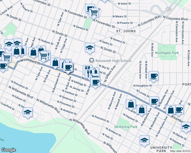 map of restaurants, bars, coffee shops, grocery stores, and more near 7546 North Ida Avenue in Portland