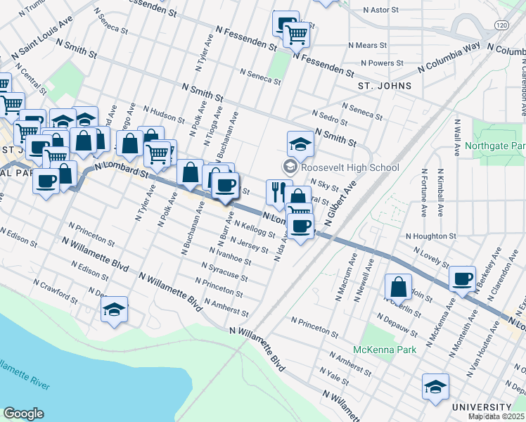 map of restaurants, bars, coffee shops, grocery stores, and more near 7128 North Leonard Street in Portland