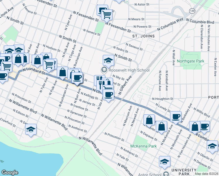 map of restaurants, bars, coffee shops, grocery stores, and more near 7560 North Ida Avenue in Portland