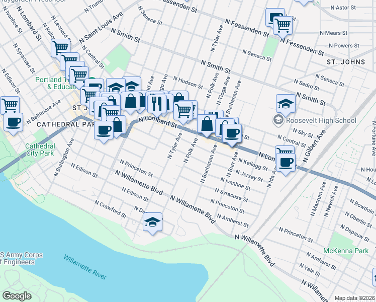 map of restaurants, bars, coffee shops, grocery stores, and more near 7407 North Polk Avenue in Portland