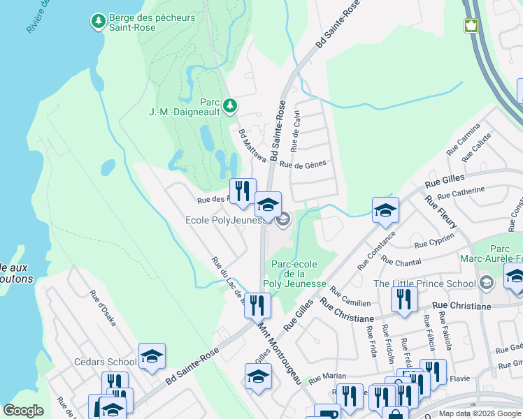 map of restaurants, bars, coffee shops, grocery stores, and more near 3563 Boulevard Sainte-Rose in Laval