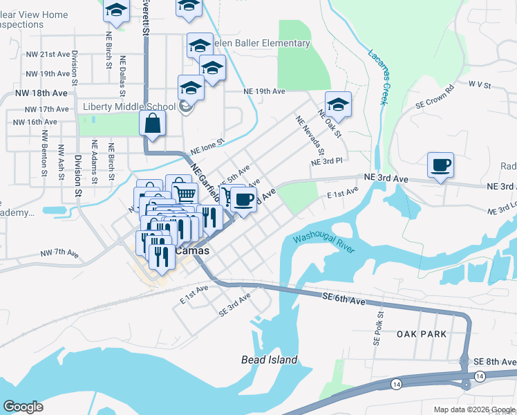 map of restaurants, bars, coffee shops, grocery stores, and more near 1017 Northeast 3rd Avenue in Camas