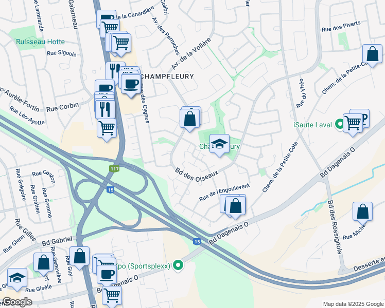 map of restaurants, bars, coffee shops, grocery stores, and more near 6170 Rue du Rouge Gorge in Laval
