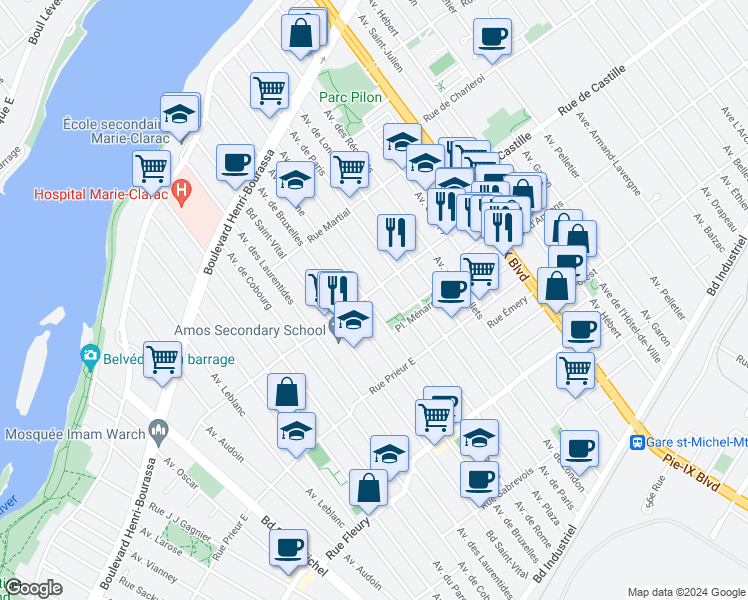 map of restaurants, bars, coffee shops, grocery stores, and more near 3766 Rue Monselet in Montréal