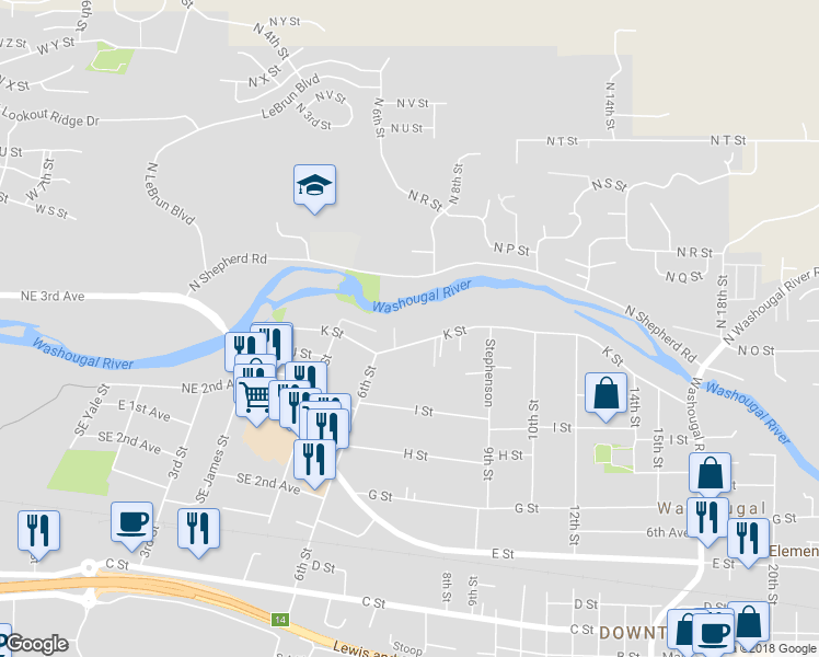 map of restaurants, bars, coffee shops, grocery stores, and more near 665 K Street in Washougal