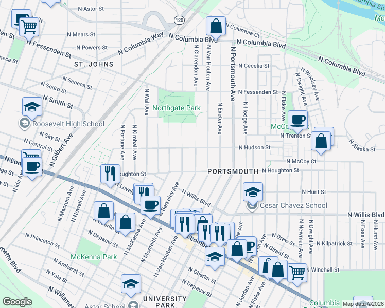 map of restaurants, bars, coffee shops, grocery stores, and more near 8965 North Clarendon Avenue in Portland