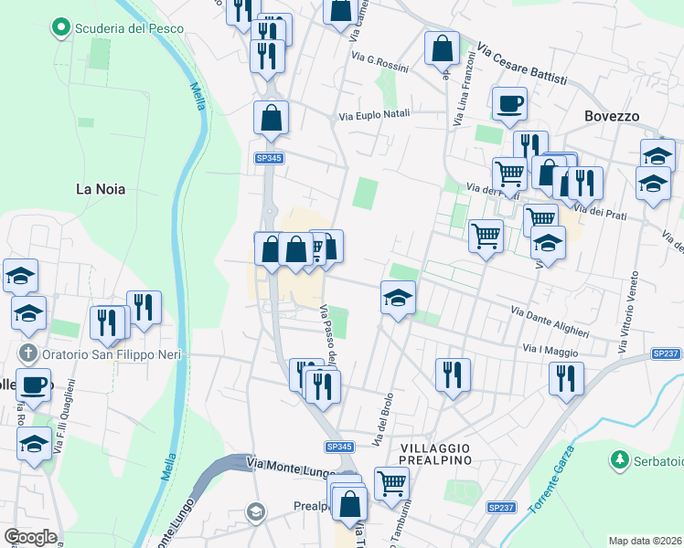 map of restaurants, bars, coffee shops, grocery stores, and more near 18 Villaggio Prealpino Via Tredicesima in Brescia