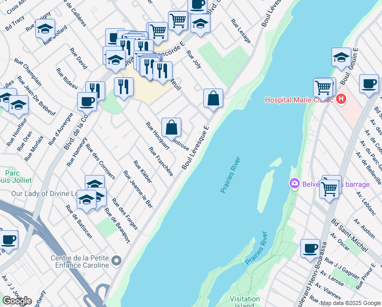 map of restaurants, bars, coffee shops, grocery stores, and more near 558 Rue Montrose in Laval