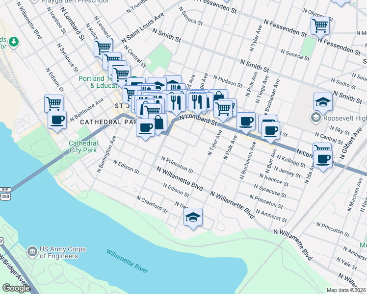 map of restaurants, bars, coffee shops, grocery stores, and more near 8040 North Ivanhoe Street in Portland