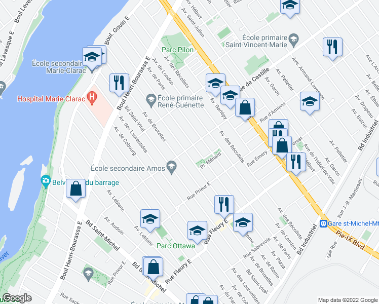 map of restaurants, bars, coffee shops, grocery stores, and more near 3766 Rue Monselet in Montréal