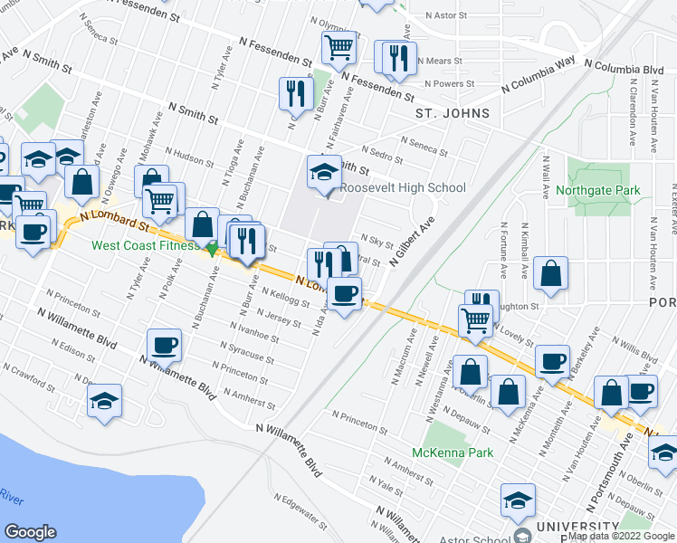 map of restaurants, bars, coffee shops, grocery stores, and more near North Leonard Street & North Ida Avenue in Portland