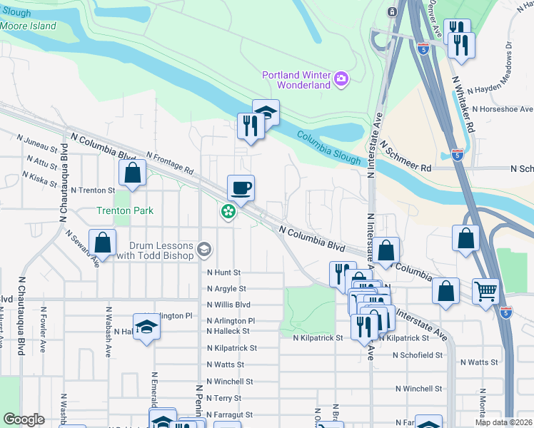 map of restaurants, bars, coffee shops, grocery stores, and more near North Tyndall Avenue in Portland