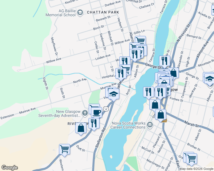 map of restaurants, bars, coffee shops, grocery stores, and more near Munroe Avenue in New Glasgow