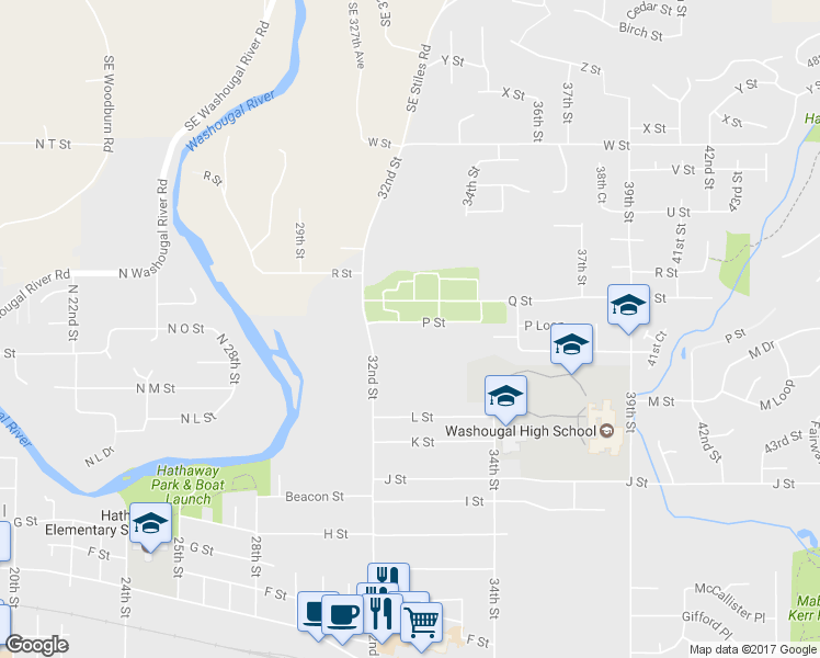 map of restaurants, bars, coffee shops, grocery stores, and more near 3232 P Street in Washougal