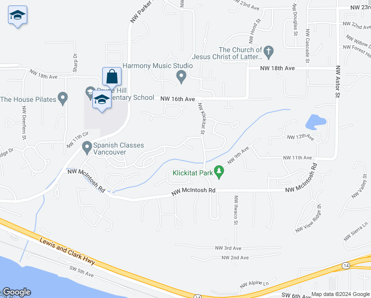 map of restaurants, bars, coffee shops, grocery stores, and more near 1137 Northwest Meriwether Court in Camas