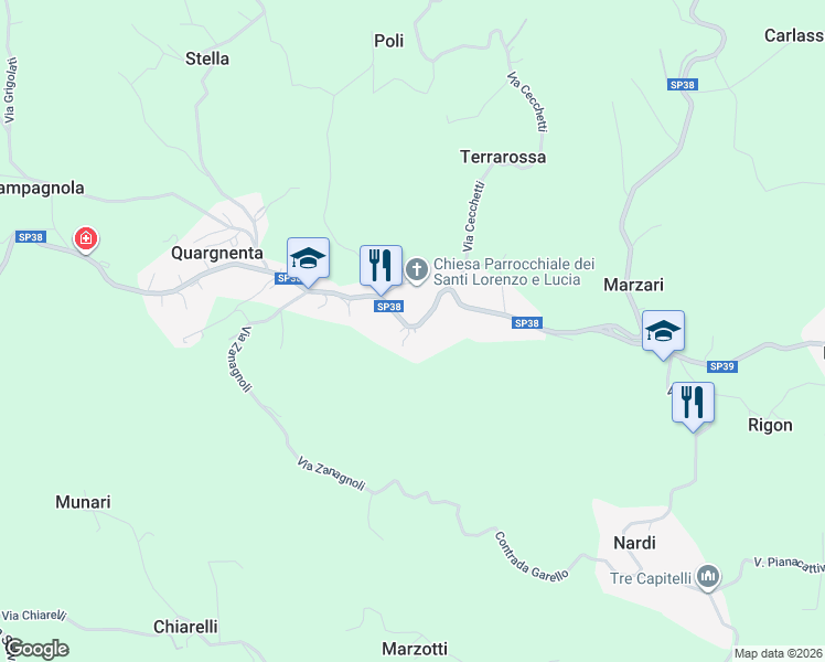 map of restaurants, bars, coffee shops, grocery stores, and more near Strada Provinciale 38 in Quargnenta