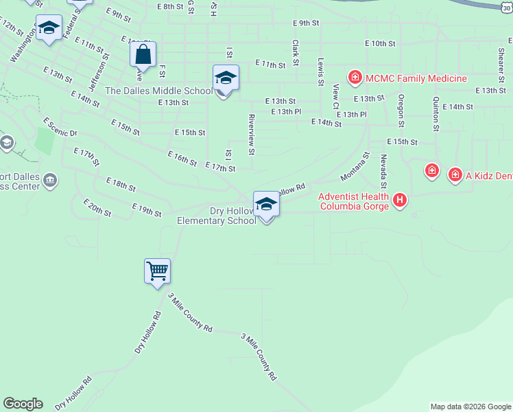 map of restaurants, bars, coffee shops, grocery stores, and more near 1301 East 19th Street in The Dalles