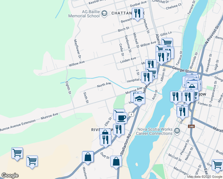 map of restaurants, bars, coffee shops, grocery stores, and more near 44 North Avenue in New Glasgow