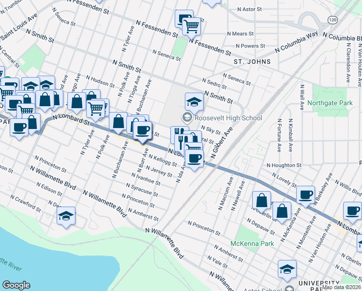 map of restaurants, bars, coffee shops, grocery stores, and more near 6940 North Leonard Street in Portland