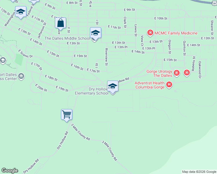 map of restaurants, bars, coffee shops, grocery stores, and more near 1301 East 19th Street in The Dalles