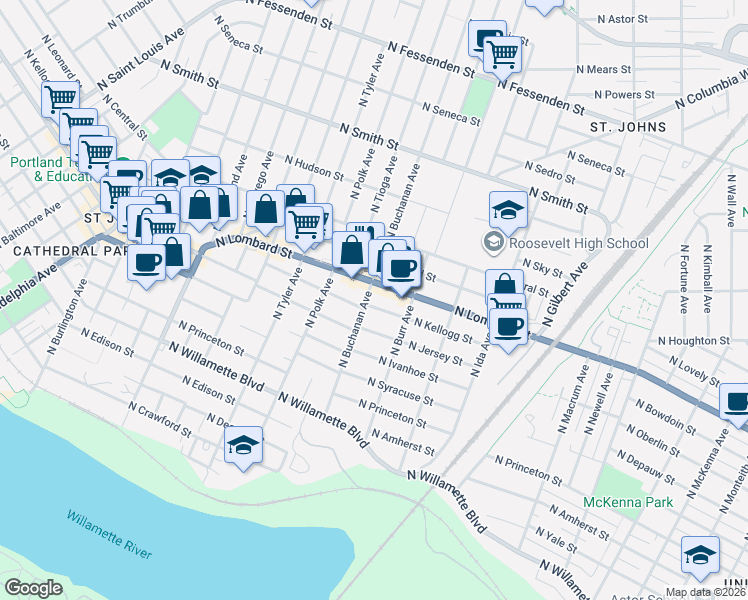 map of restaurants, bars, coffee shops, grocery stores, and more near 7438 North Lombard Street in Portland