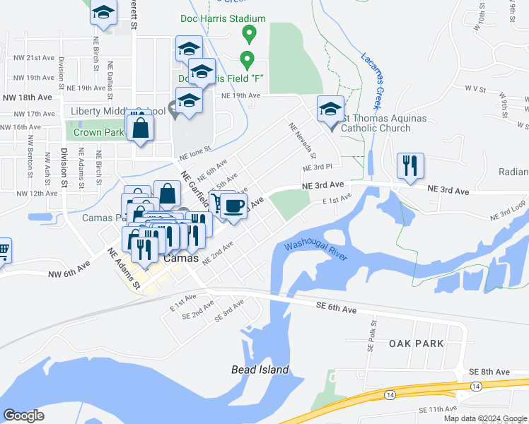 map of restaurants, bars, coffee shops, grocery stores, and more near 1015 Northeast 2nd Avenue in Camas