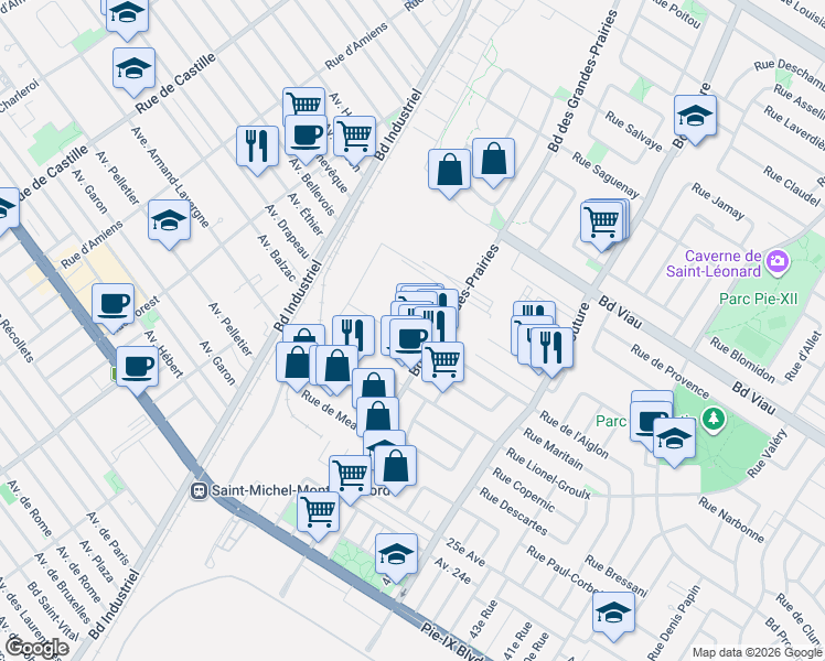 map of restaurants, bars, coffee shops, grocery stores, and more near 4639 Boulevard des Grandes-Prairies in Montréal