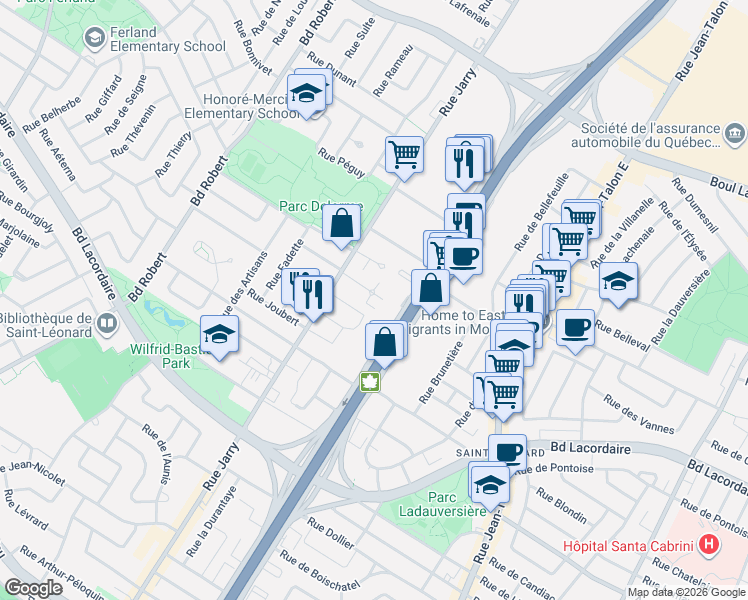 map of restaurants, bars, coffee shops, grocery stores, and more near 5820 Rue Jarry Est in Montréal
