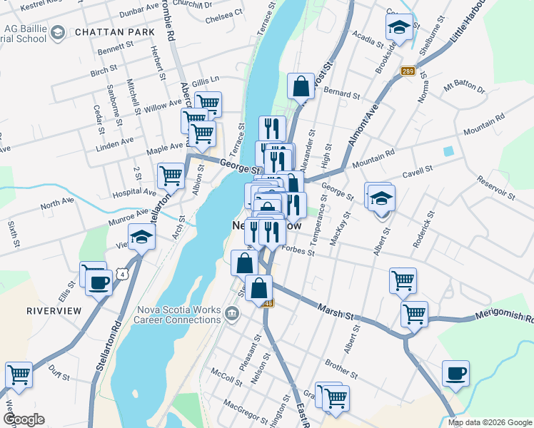 map of restaurants, bars, coffee shops, grocery stores, and more near 139 Provost Street in New Glasgow
