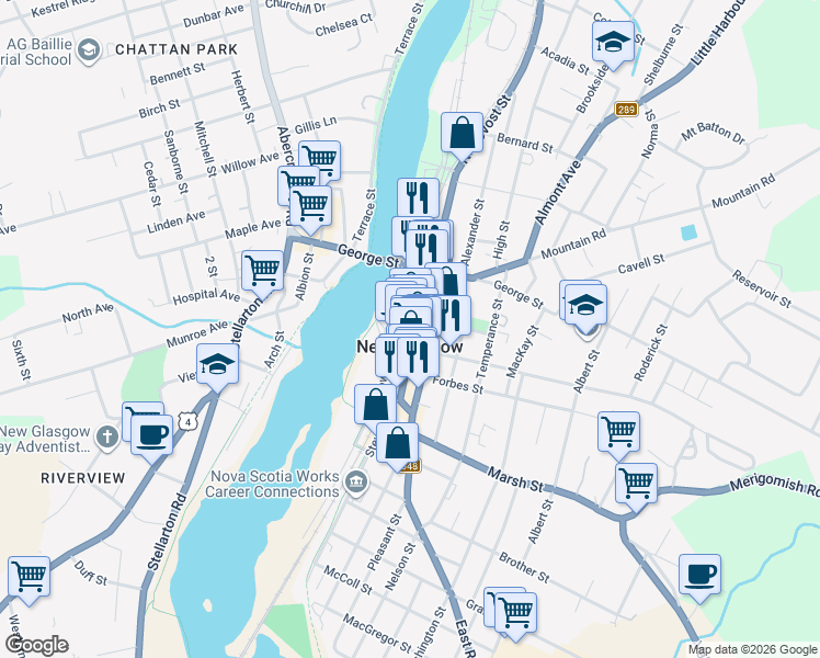 map of restaurants, bars, coffee shops, grocery stores, and more near 139 Provost Street in New Glasgow