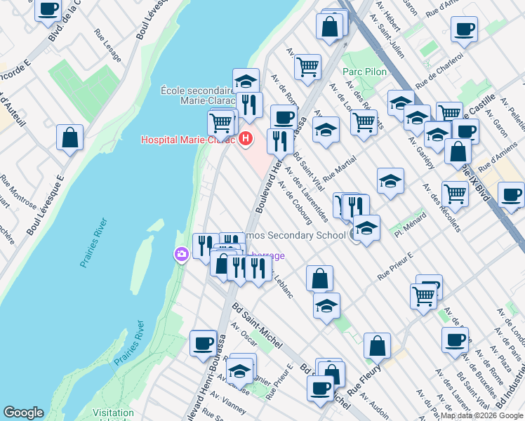 map of restaurants, bars, coffee shops, grocery stores, and more near 3420 Boulevard Henri-Bourassa Est in Montréal
