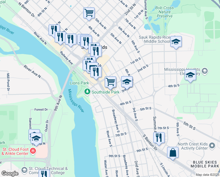 map of restaurants, bars, coffee shops, grocery stores, and more near 101-199 2nd St S in Sauk Rapids