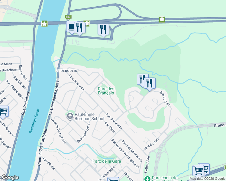 map of restaurants, bars, coffee shops, grocery stores, and more near 211 Rue des Français in Mont-Saint-Hilaire